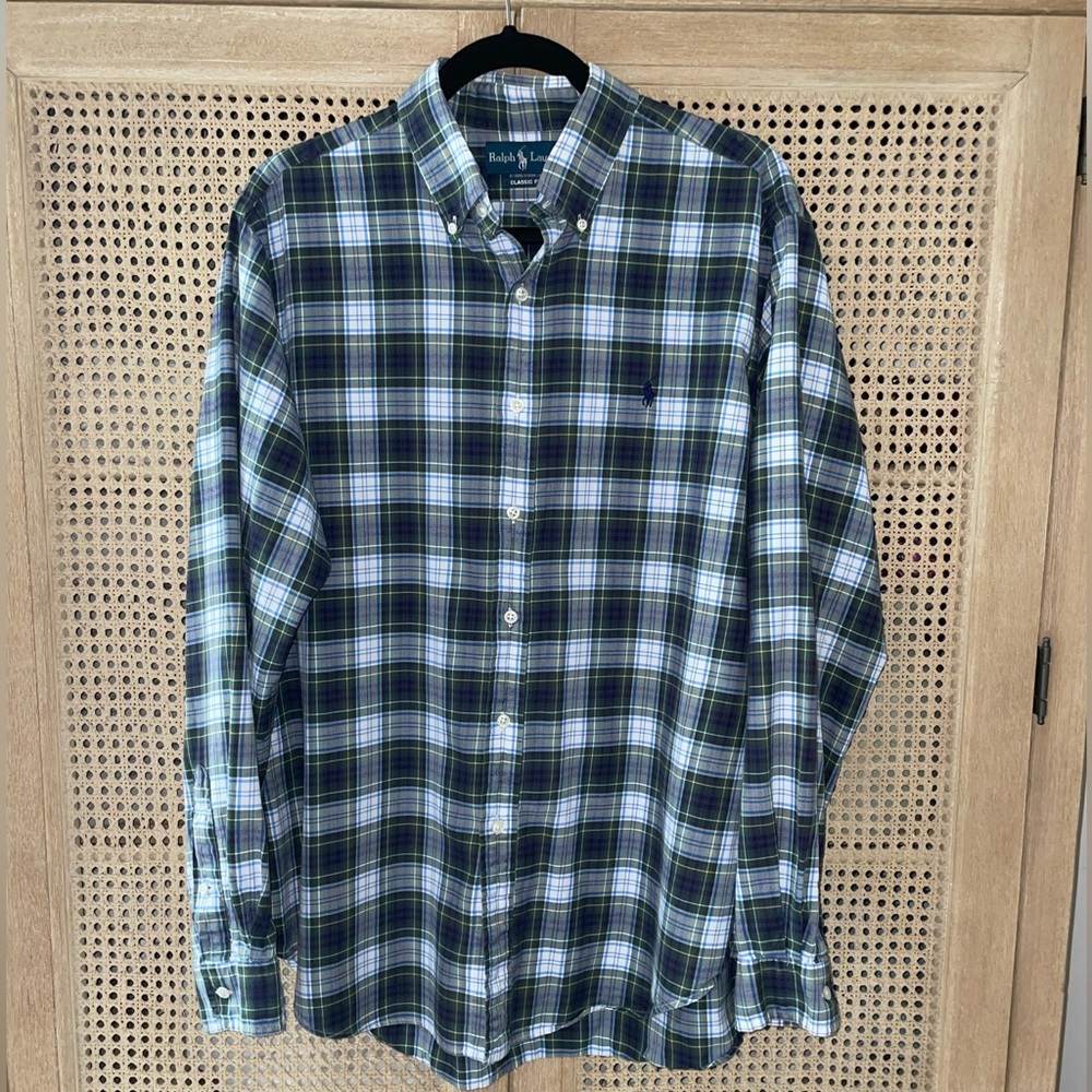 Ralph Lauren Classic Fit Button-Down Shirt Men’s Large Green Plaid